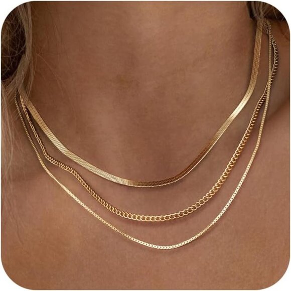 Freekiss Herringbone Gold Cuban+Box+Snake brass Necklace for Women - Picture 1 of 9